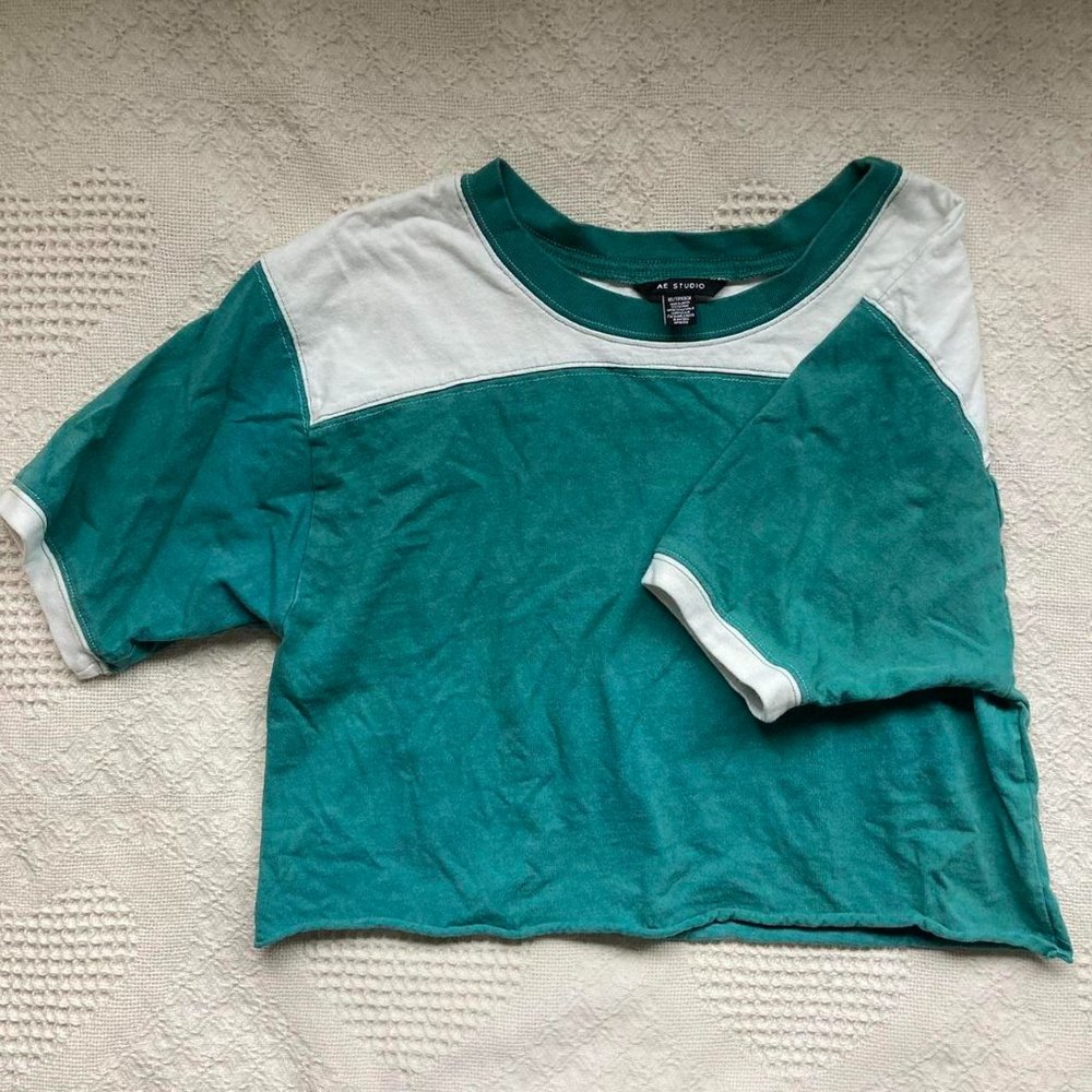 AE Studio cropped teal & white t-shirt